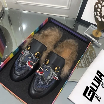 Italijanska zima 2020 new zajec lase priložnostne ženske čevlje pol copate vrh usnje moda natisnjeni ravno čevlji visoke kakovosti škatle