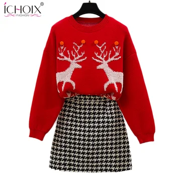 ICHOIX Božič Dva Kosa iz Zimske Ženske Rdeča Jopica+ Tanke Volnene Kariran Krilo Novo Obleko Trend 2 Kos Obleke Ženske Obleke