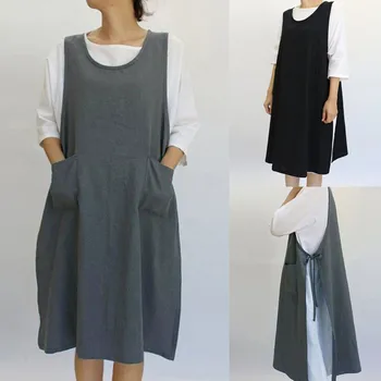 SAGACE Ženske obleke Bombaž in Lan Tunika Obleka ženska Priložnostne Predpasnik Z Žepi Japonski Slog Pinafore Obleko Vestido plus velikost