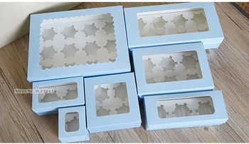 Modra Cupcake škatlo in embalažni papir, kraft karton torto polje z jasno pvc okna 8 cupcake 4 darilo pakiranje obrti polje