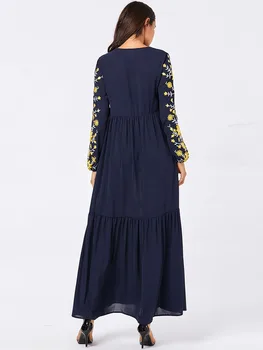 Moda Arabski Velikosti Žensk, Navy Blue, Vezenih Dolg Rokav Muslimanskih Priložnostne Velikem Zamahu Obleko Abaya Islamska Oblačila turški