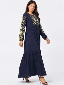 Moda Arabski Velikosti Žensk, Navy Blue, Vezenih Dolg Rokav Muslimanskih Priložnostne Velikem Zamahu Obleko Abaya Islamska Oblačila turški