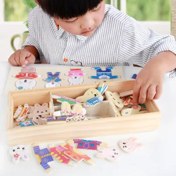Baby Montessori Izobraževalne Obleko Spreminjanje Sestavljanka Lesena Igrača Zajec Spremenite Oblačila PuzzlesToys za Otroke Fantje Dekleta