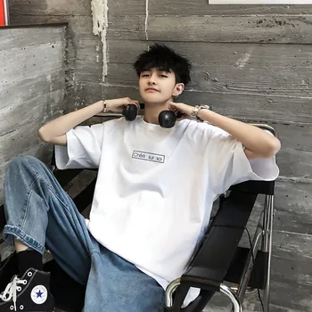 Moški Kratek Rokav T-shirts ki se Dnevno All-tekmo korejskem Slogu BF Ulzzang Oversize Mens Natisnjeni Harajuku Ulične Priložnostne Black Kpop