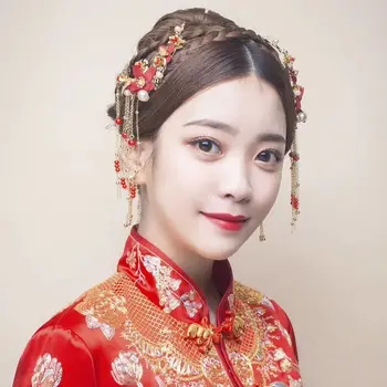 NiuShuya Eleganco Tradicionalni Kitajski Poročni Dodatki za Lase Rdečo Rožo, naglavni del Poročne Headpins Tassel Zlato nakit Hairwear