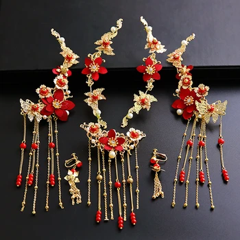 NiuShuya Eleganco Tradicionalni Kitajski Poročni Dodatki za Lase Rdečo Rožo, naglavni del Poročne Headpins Tassel Zlato nakit Hairwear