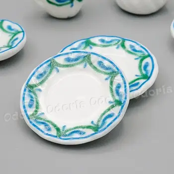 Odoria 1:12 Miniaturni Porcelana Tea Cup Nastavite 15PCS Zelene in Modre Meje Cvet Namizna Lutke Kuhinjski Pribor