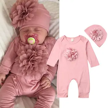 PUDCOCO 2PCS Newborn Baby Girl Obleke 3D Cvet Romper Jumpsuit Klobuk Obleko Nastavite Podporo debelo
