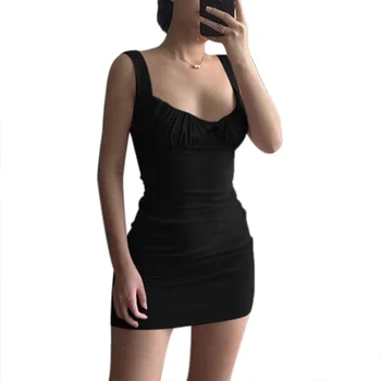 2020 Seksi Ruched Mini Obleka Ženske Črno Bel Tanek Clubwear Stranka Obleko Elegantno Dama Obleke Poletje Tank Obleke Femme Oblačila