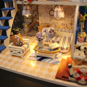Miniaturni Lutka Hiša Model Leseno Pohištvo, Stavbe, Bloki, Igrače, Darila za Rojstni dan MODRA OBALI Diy Puzzle Igrača M032