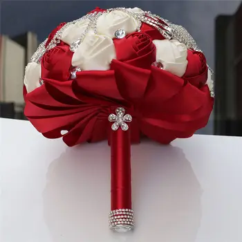 Visoka Kakovost Diamond Artificielle Cvetje Šopek Burgundija Slonovine Traku Rose Poročno Cvetje Bridel Družico Šopke W703