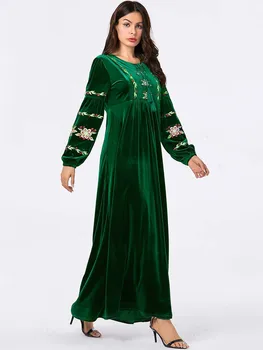 9084Muslim Obleko caftan marocain moda velikosti abaya femme zelenih rastlin vezenje Muslimanskih priložnostne zamahu obleko