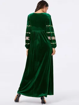 9084Muslim Obleko caftan marocain moda velikosti abaya femme zelenih rastlin vezenje Muslimanskih priložnostne zamahu obleko