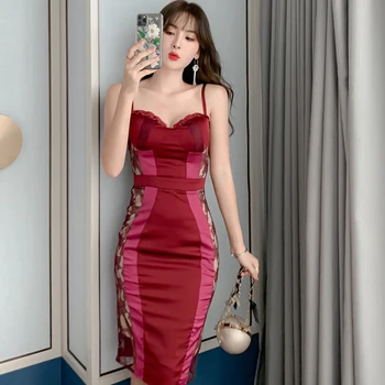 Nov prihod moda korejskem slogu nočni klub stranka obleko ženske elegantne poletne seksi trak temperament OL čipke rdeč svinčnik obleko