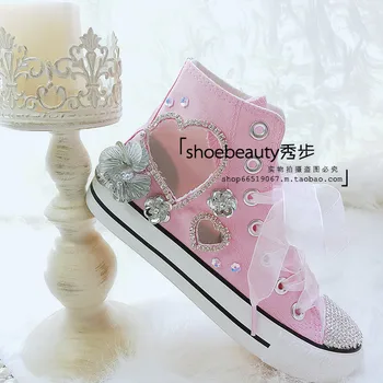 Visoko vrh čevlji roza v obliki srca čipke vijolično platno čevlji Kristalno diamond žensk priložnostne čevlji ravno edini preboden poročni čevlji