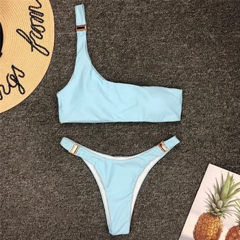 Ženske Seksi Eno Ramo Kopalke Bikini Komplet Bela Modra Kopalke Bikini Biquini Mujer Plaži kopalke Maillots de bain