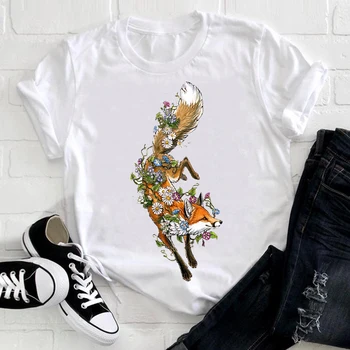 Ženske Kratke Rokav Cvet Kawaii Srčkan Fox Pomlad Poletje Živali Oblačila Ženske Grafični Natisniti Tee Vrh Tshirt Ženske T-shirt