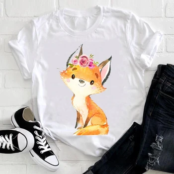 Ženske Kratke Rokav Cvet Kawaii Srčkan Fox Pomlad Poletje Živali Oblačila Ženske Grafični Natisniti Tee Vrh Tshirt Ženske T-shirt