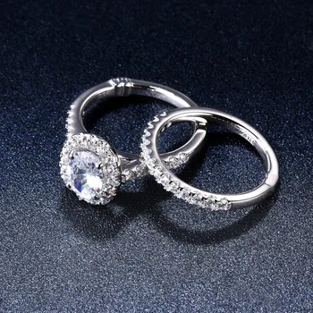 Pravi 925 Sterling Silver Obroč Za Ženske 1.5 karati Klasične Ovalne Diamond CZ Halo Obroči Nastavi 2-v-1 Poročne