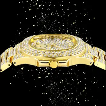 18K Zlato Luksuzni Ledeni Polno Diamond Luksuzni Moške Gledajo Vse Jekla Moda Quartz uro Moški Nepremočljiva Hip Hop Reloj Hombre