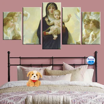 Devica Marija je Jezusa Wall Art Verske Olje, Platno Slikarstvo Plakat 5 Plošči HD Tiskanja Doma Dekor Stensko Slikarstvo