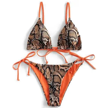 Ženske Bikini Komplet Tiger Vzorec Serpentine Natisnjeni Bikini Kravato Up Modrc + Push Up Tangice Kopalke Ženske Leopard Tiskanja Bikini 2020