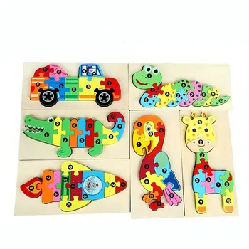 Otroci Risanka Animal Jigsaw Skupščine Model Montessori Igro 3d Uganke Lesene Otrok Učenje Izobraževalni Malčka Igrače Darilo