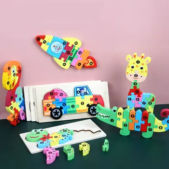 Otroci Risanka Animal Jigsaw Skupščine Model Montessori Igro 3d Uganke Lesene Otrok Učenje Izobraževalni Malčka Igrače Darilo
