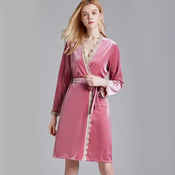 Ženski Kimono Obleke Neveste Poroka Haljo Velur Čipke Trim Sleepwear Seksi Žamet Kopalni Plašč Svoboden Nightgown Mehko Intimno Perilo