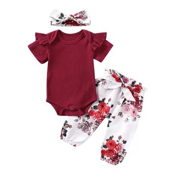 Baby Cvetlični Oblačila Sklop 3pcs Nastavite Poletje Polno Rokav Baby Girl Obleke Obleka Top Cvet Hlače Glavo, Obleko 0-18 Mesecev