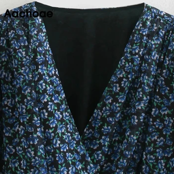 Aachoae Žensk V Vratu Cvjetnim Tiskanja Odrezana Bluze 2020 Long Sleeve Vintage Šifon Bluzo Rokavi Ženske Priložnostne Kratki Zgornji Deli Oblacil
