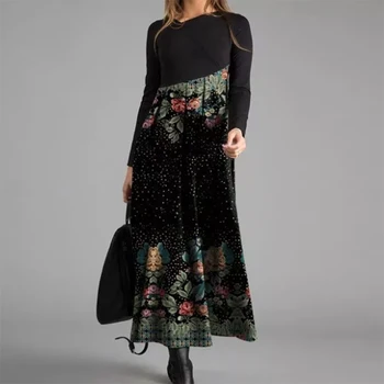 Vintage Vzorec Tiskanja Mozaik Ženske Obleke Jeseni Ženske Priložnostne V Vratu Dolg Rokav Stranka Obleko Elegantno Žensko Obleko Vestidos