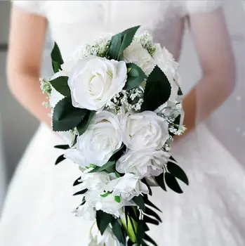 Bele Vrtnice Slap Poročni Šopek Solze Romantično Dolgo Poročni Šopek Neveste Vrtnice Umetno Cvetje bruidsboeket