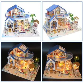 DIY Lutke Morju Mini Vile Z Pohištva, Leseni Hiši Soba Model Komplet Darila 3D Igrače Za Otroke Lutka Hiša