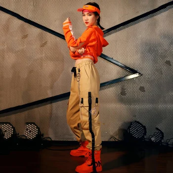 Hip Hop Kostume Odraslih Oranžna Hooded Vrhu Modnih Kombinezon Hlače Ženske Street Dance Oblačila Jazz Fazi Obrabe Rave Obleko DT1748