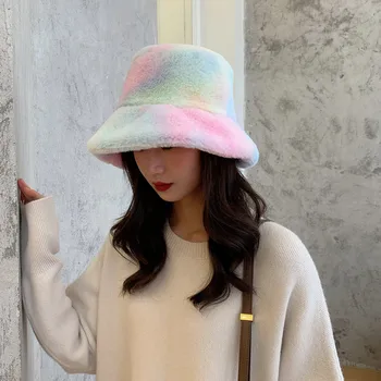 Specializiranimi za umetno Krzno, Pozimi Bucket Pokrivalo Ženske korejski Moda Mavrica Mehko Toplo Volne Klobuki Tie Dye Panama Prostem pohodništvo Žamet ribič klobuk