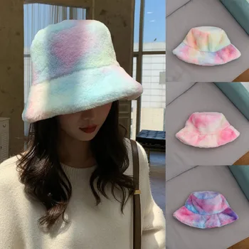 Specializiranimi za umetno Krzno, Pozimi Bucket Pokrivalo Ženske korejski Moda Mavrica Mehko Toplo Volne Klobuki Tie Dye Panama Prostem pohodništvo Žamet ribič klobuk