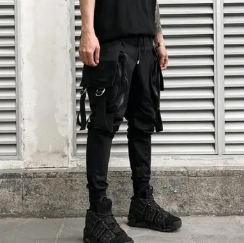 Moški modni hip hop tovora hlače črne casual punk harem hlače moški ulica slog osebnost hiphop joggers tele-dolžina hlač
