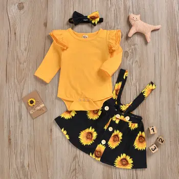 Malčka Baby Deklet Sončnica Cvetlični Romper Hlače Z Oprsnikom Obleko Glavo Obleke Sundress Dekliška Oblačila