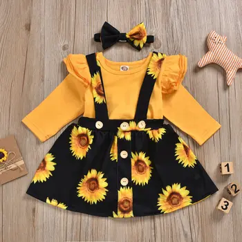 Malčka Baby Deklet Sončnica Cvetlični Romper Hlače Z Oprsnikom Obleko Glavo Obleke Sundress Dekliška Oblačila