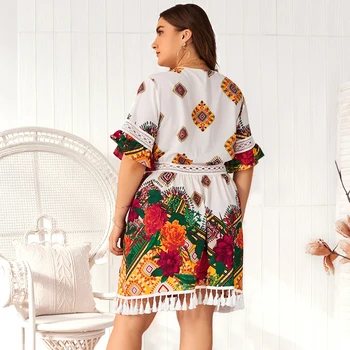 2020 Poletje Plus Velikost Ženske Obleka Kratka sleeved Bohemian Natisnjeni Proti-vrat Votlih Plaža Obleko Dame Retro Priložnostne Počitnice Obleko