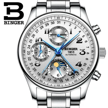 Švica BINGER ure moških luksuzne blagovne znamke, Več funkcij, ki Moon Phase safir Koledar Mehanske Ročne ure B-603-8 2018
