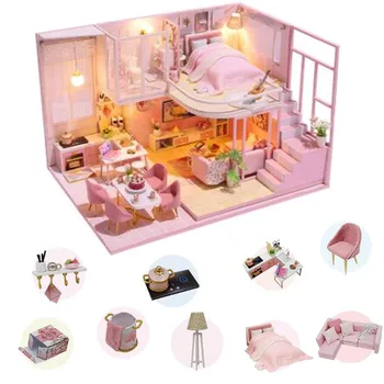 Roza DIY Lutka Hiša S Pohištvom Otroke, Odrasle, Mini Lesene Lutke Gradnje Model Gradnjo Kompleti Lutka Hiša Igrača
