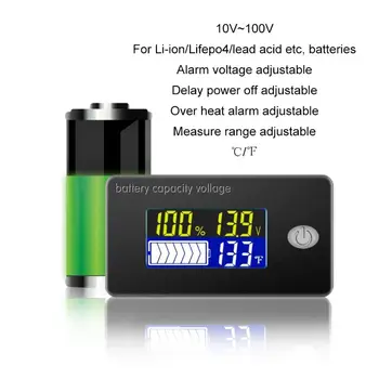Univerisal Zmogljivost Baterije Indikator 12V 24V 36V 48V 60V 72V 10-100V Li-ion Lifepo4 svinčevih Baterij Monitor s temperaturo