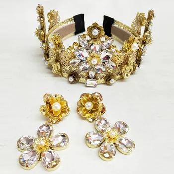 1Set Baročno Retro Luksuzni Crystal Pearl Zlato Krono Poročne Poročni Nakit Nosorogovo Tiaras Kron Pageant Obleko Lase Accessoriy