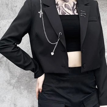 2021 ženskih Modnih Oblačil, Punk Stil Gotike Črn Blazer Ulične Kovinske Verige Mozaik Oblacilo Ženske Odhaja Kratek, nanos na Vrh