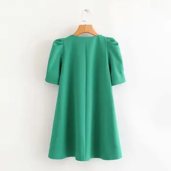 Novo leto 2020 ženske mode v vratu gub puff sleeve solid zelena mini obleka elegantna urad dama vestidos priložnostne naravnost obleke DS3681