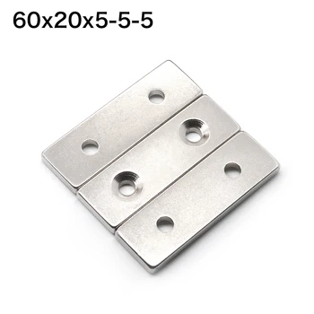 10pcs Blok Kocke Neodymium Magneti 60 x 20 x 5 mm 2 Izvrtino Luknja 5mm Magnetom iz Redkih Zemelj