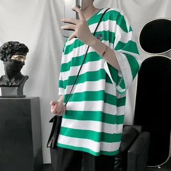 Moški Kratek Rokav T-majice, Trakove Trendy Svoboden korejski Slog, ki je Vse-se ujemajo Mens Vintage O-vratu Pari Oversize Moda BF Poletje Nova