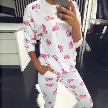 Pižame Ženske Poln Rokav Bombaž Pajama Določa Risanka Flamingo Par Pižamo Za Ženske Sleepwear Cvet Pijama Mujer